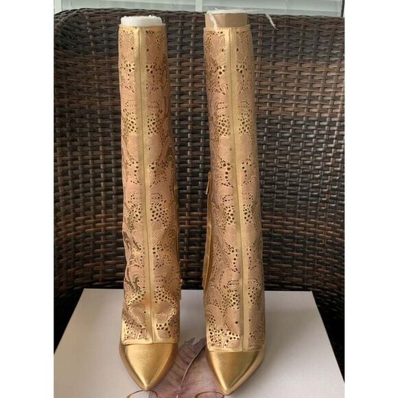 Jessica Simpson BRYKIA2 Gold Hollow Out Pointed Toe Knee High Western Boots - Picture 5 of 12